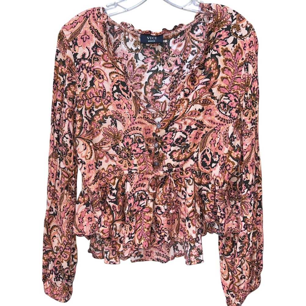 VICI Pink Paisley Floral Peplum Blouse Lon Sleeve Button Front Top Medium